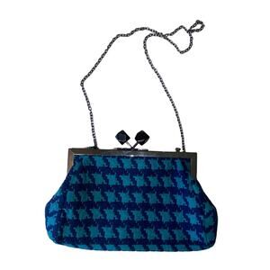 La Je Houndstooth Print Satchel Clutch Shoulder Purse Vintage Blue and green